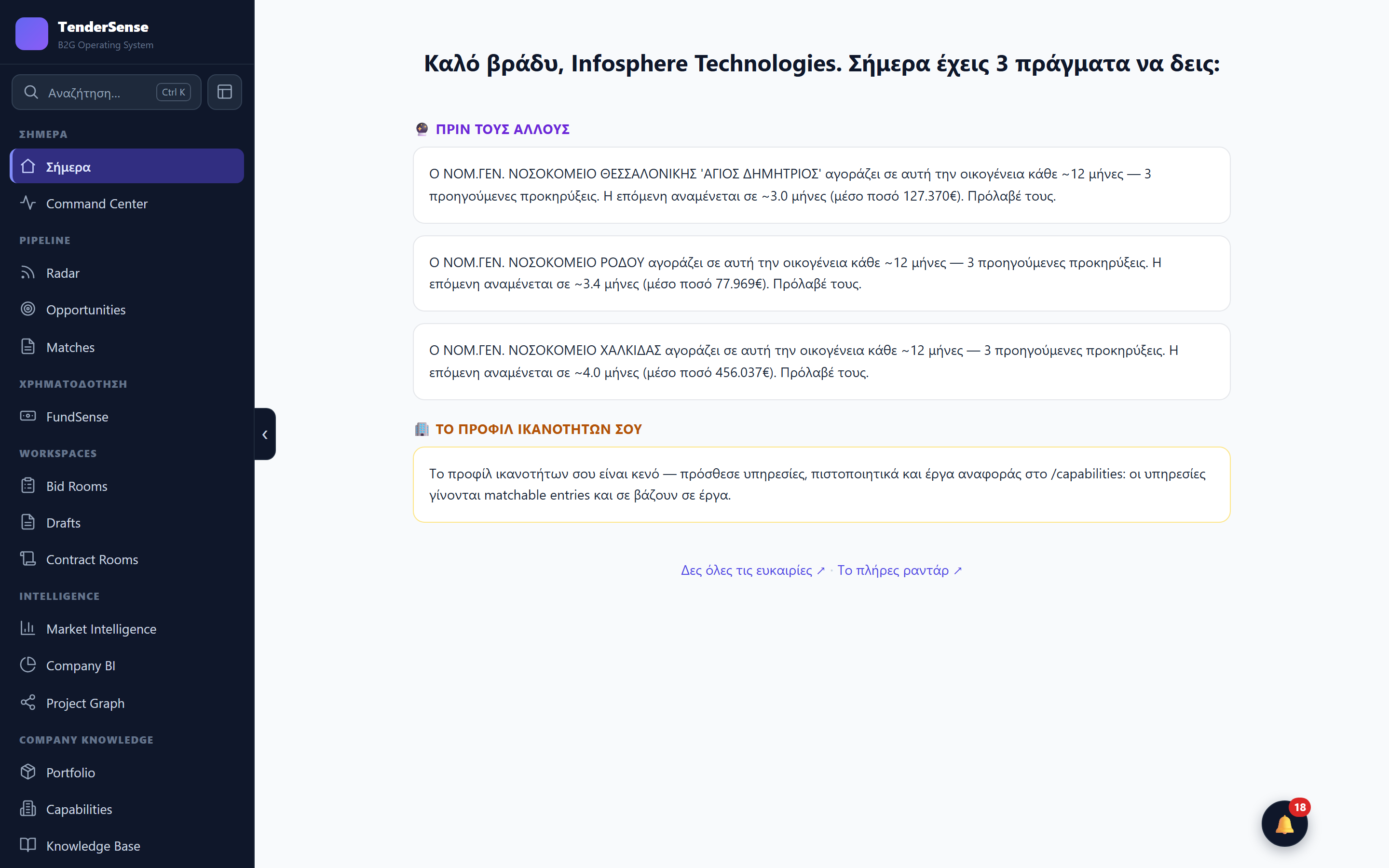 TenderSense — καθημερινή ροή προμηθευτή